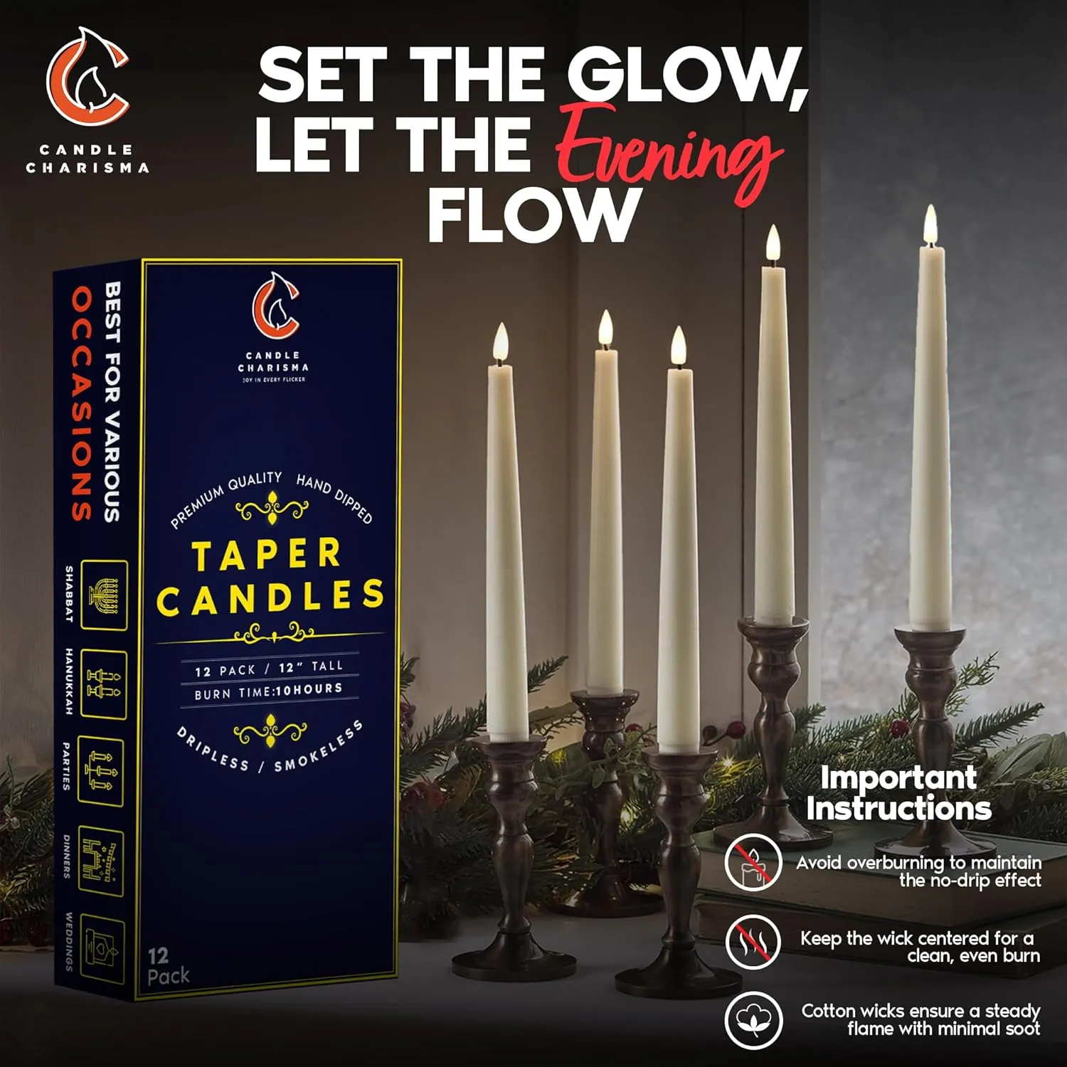 Ivory Cream 12 Inch Taper Candles - Pack of 12 Premium Unscented, Dripless & Smokeless Hand-Dipped Candles for Birthday, Wedding or Dinner Decorations and Formal Candlelighting
