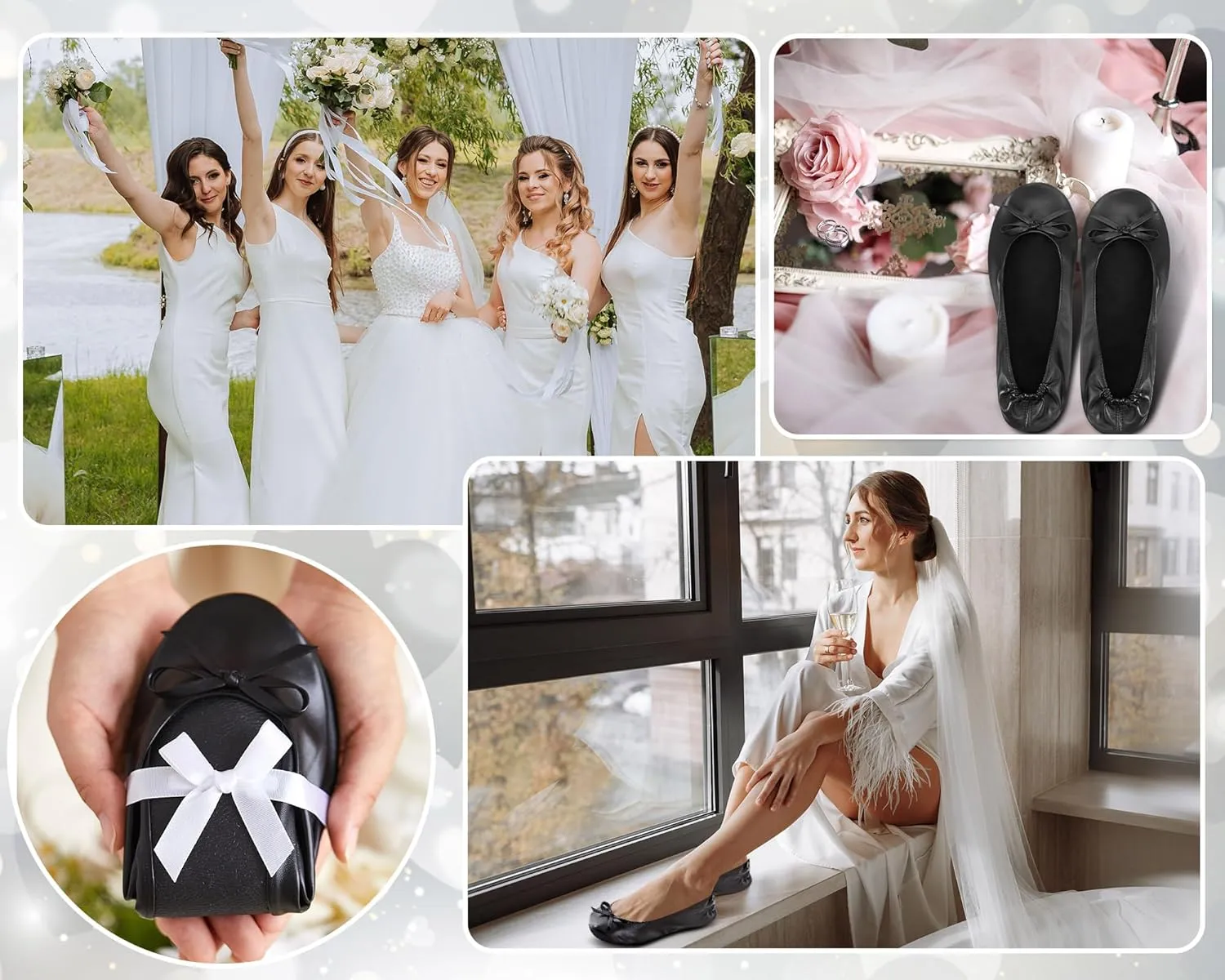 Jecery 24 Pairs Bridal Shower Supplies Wedding Foldable Ballet Flat Set Ballerina Shoes Party Sign Portable Roll up Travel Slippers Wedding Dancing Shoes for Guest Bridesmaid