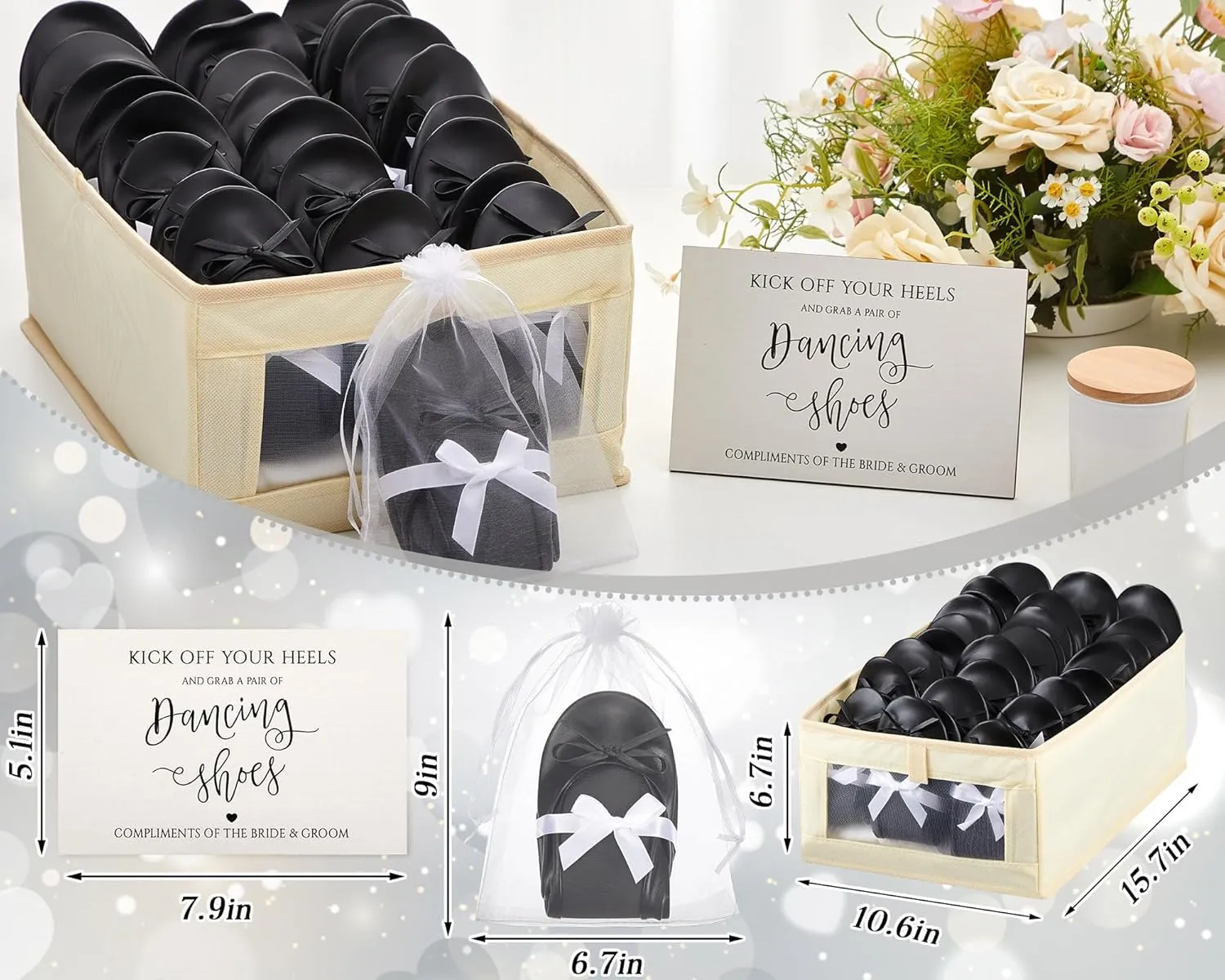 Jecery 24 Pairs Bridal Shower Supplies Wedding Foldable Ballet Flat Set Ballerina Shoes Party Sign Portable Roll up Travel Slippers Wedding Dancing Shoes for Guest Bridesmaid