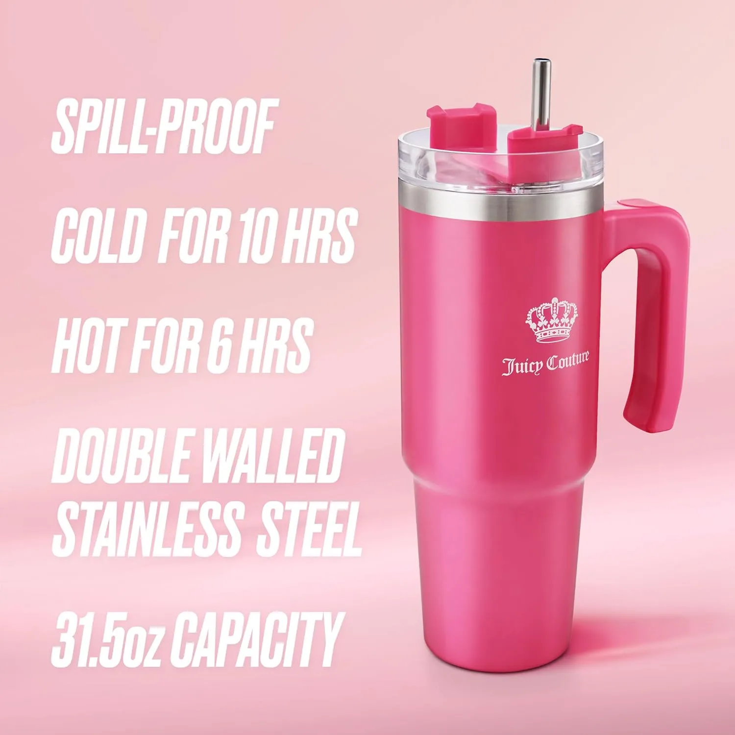 Juicy Couture Travel Style Fashion Water Bottle - Hot Pink - 31.5oz