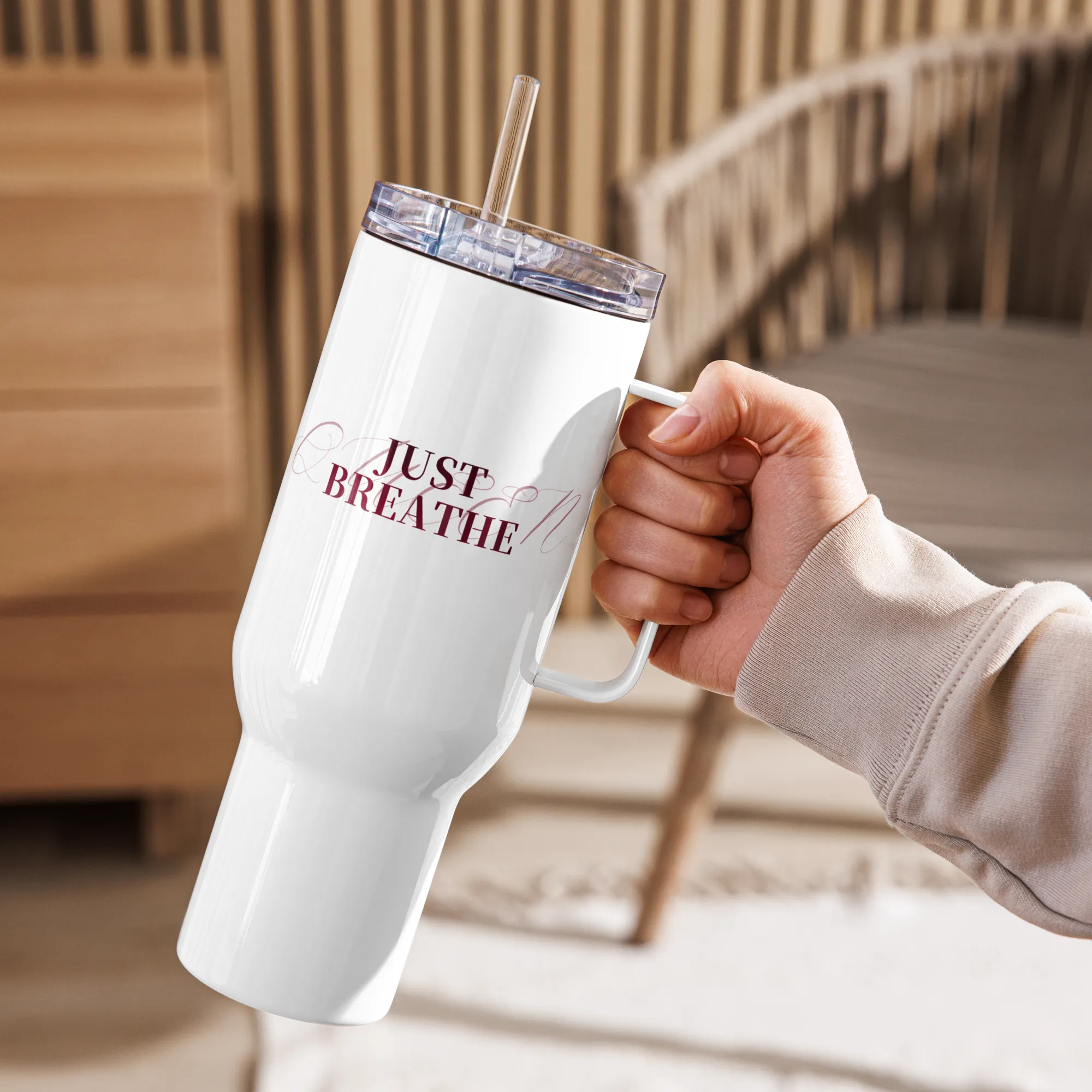 Just Breathe - burgundy Travel mug with a handle