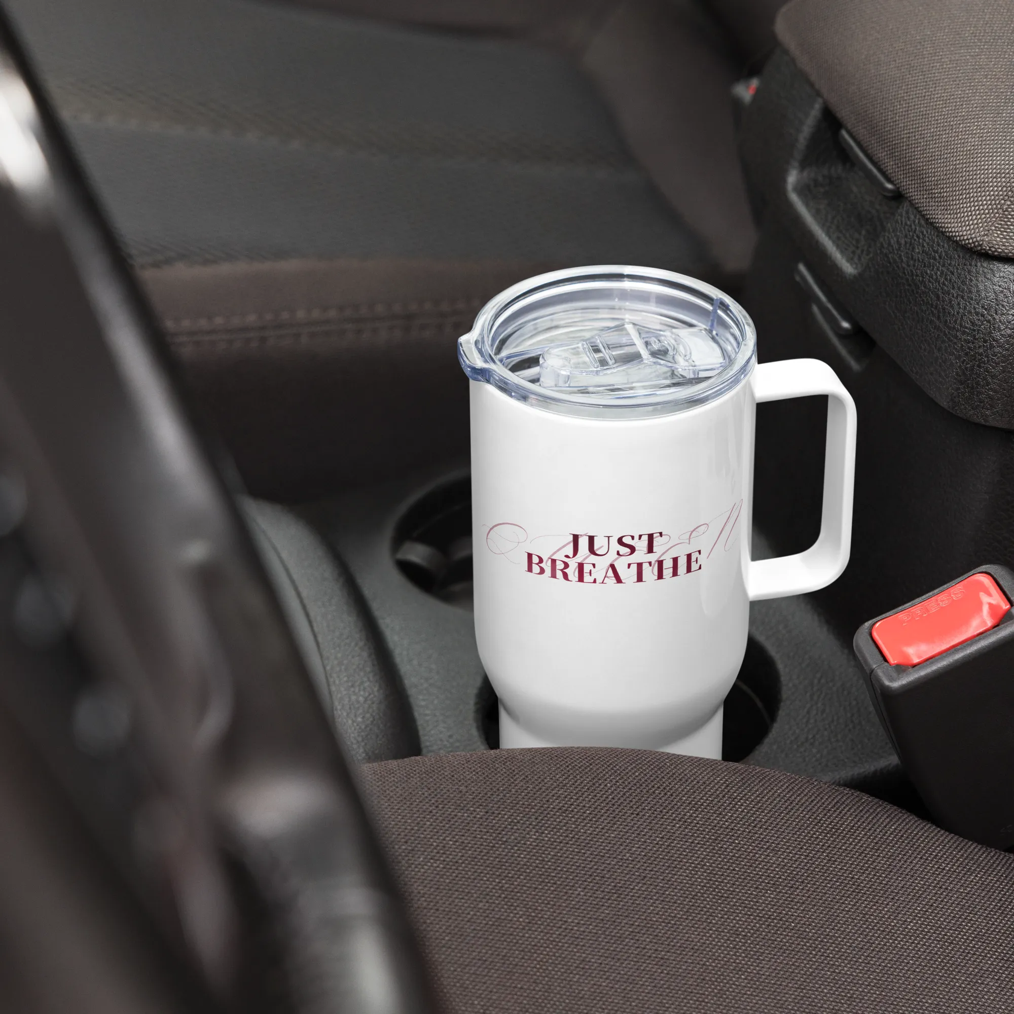 Just Breathe - burgundy Travel mug with a handle