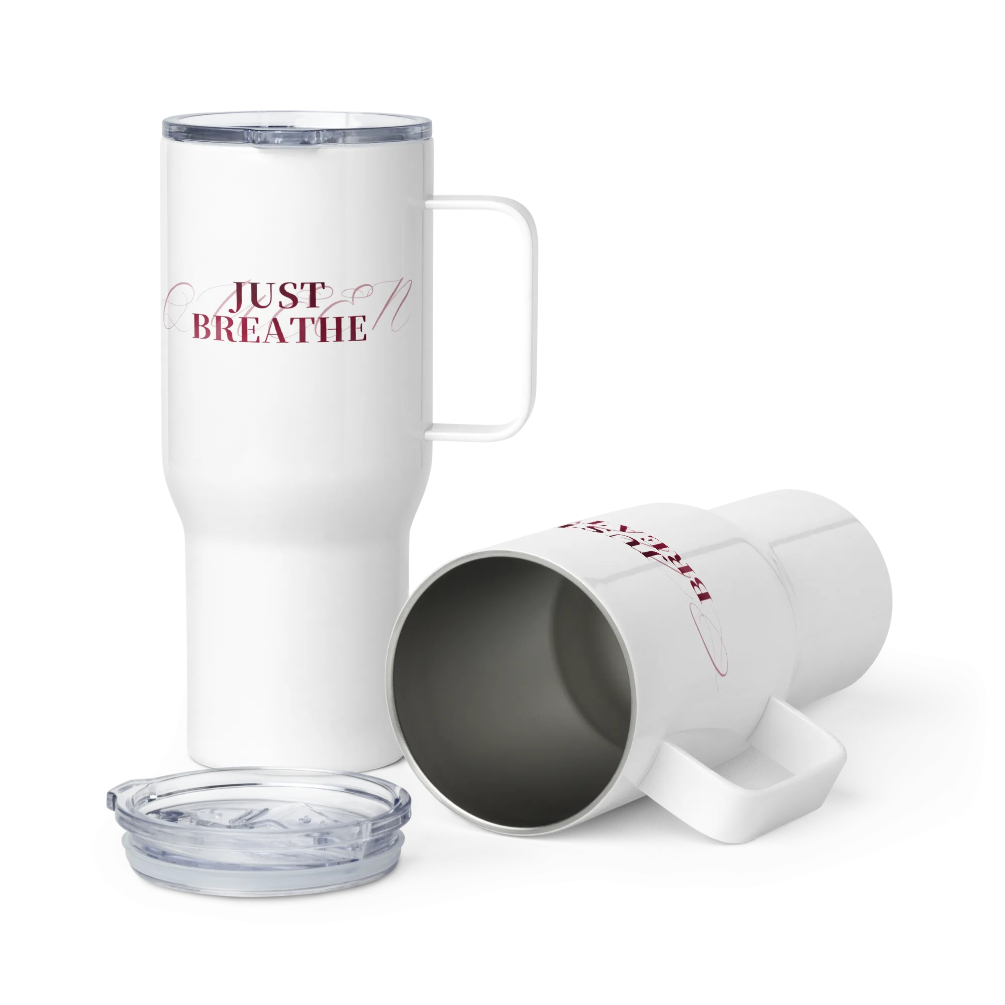 Just Breathe - burgundy Travel mug with a handle