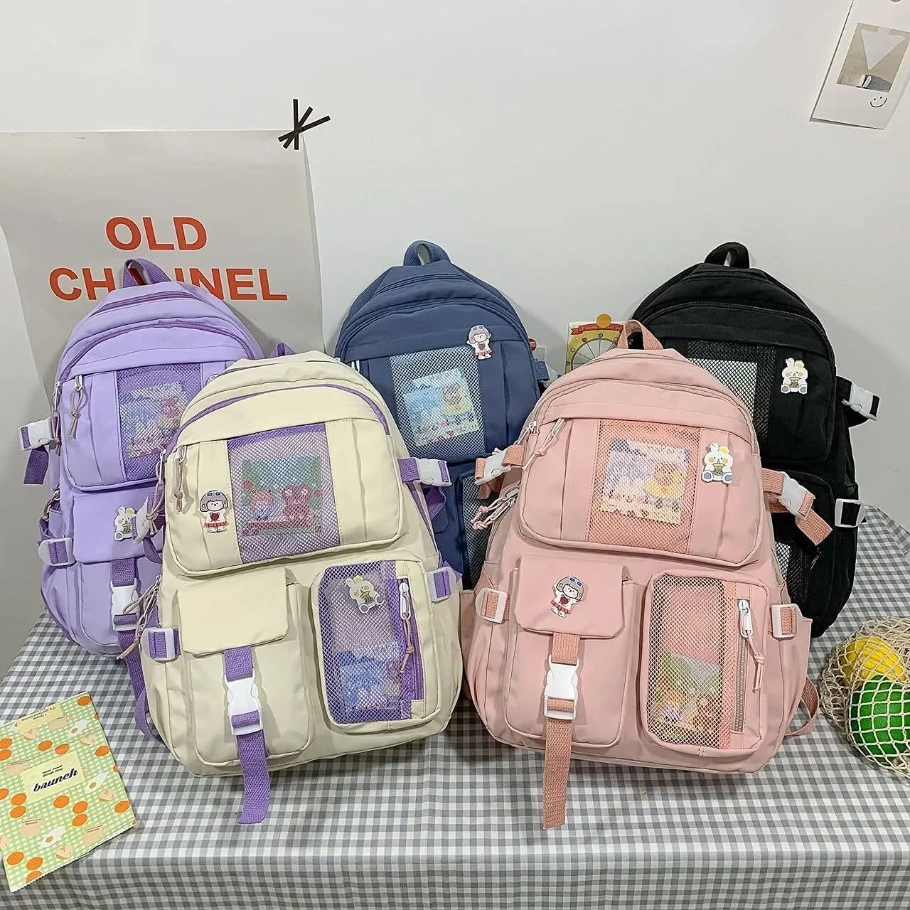 Kawaii Backpack with Bear Pendant, Aesthetic Canvas Students Schoolbag Shoulder Tote Bag Casual Daypack Back to School (Begie) Large