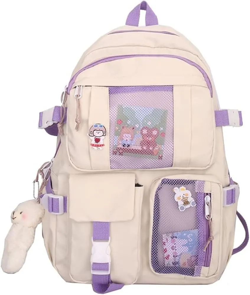 Kawaii Backpack with Bear Pendant, Aesthetic Canvas Students Schoolbag Shoulder Tote Bag Casual Daypack Back to School (Begie) Large