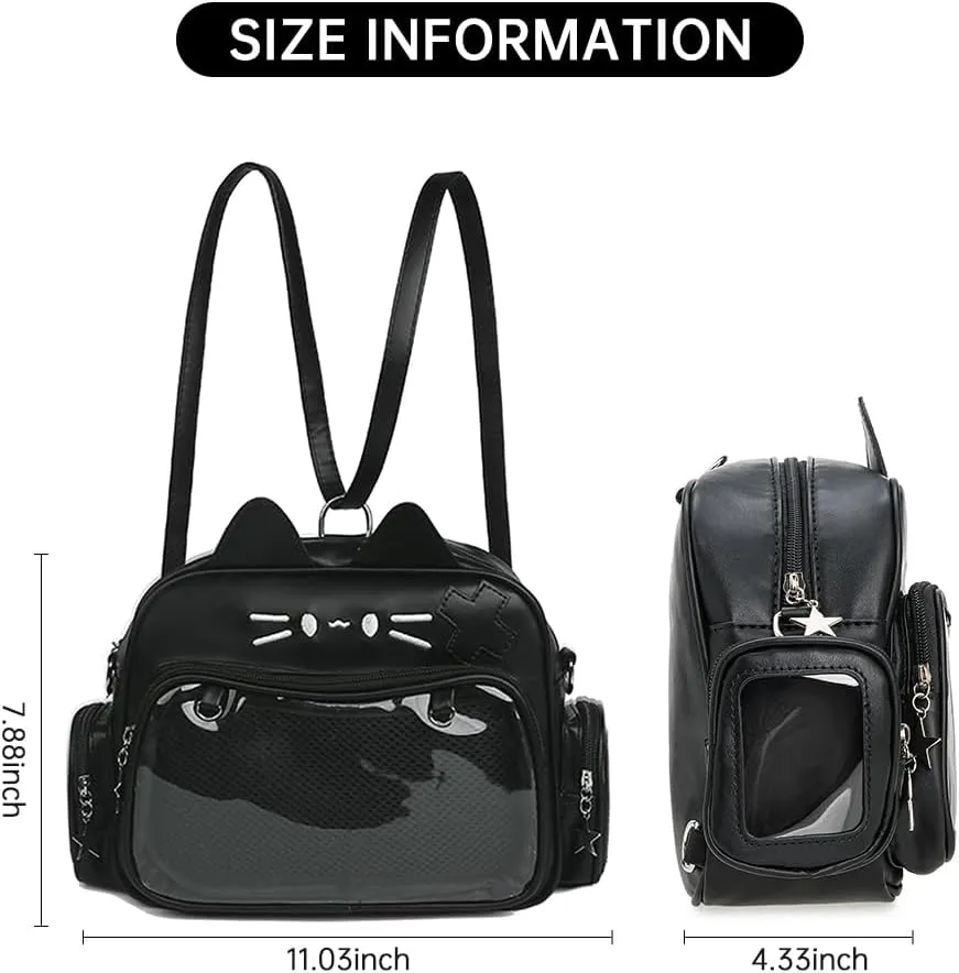 Kawaii Ita Bag,Cute Cat Pin Display Bag Women Backpacks PU Leather Tote Bag with Inserts Y2K Shoulder Crossbody Bag (BLACK-B)