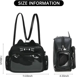 Kawaii Ita Bag,Cute Cat Pin Display Bag Women Backpacks PU Leather Tote Bag with Inserts Y2K Shoulder Crossbody Bag (BLACK-B)