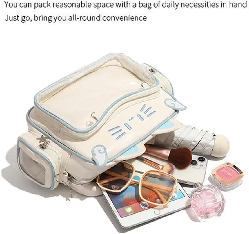 Kawaii Ita Bag,Cute Cat Pin Display Bag Women Backpacks PU Leather Tote Bag with Inserts Y2K Shoulder Crossbody Bag (WHITE)