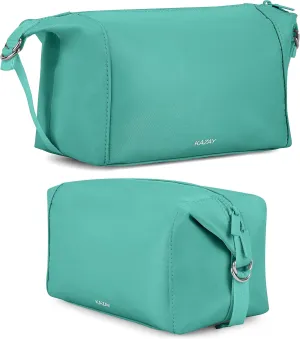 KAZAY Travel Toiletry Bag, Large Capacity with Side Clips for Adjustable Sizing, Premium High-Density Nylon, Water Resistant, Cosmetic Bag, Makeup Bag, Stylish, Full-Size Bottles, Unisex (Aqua)