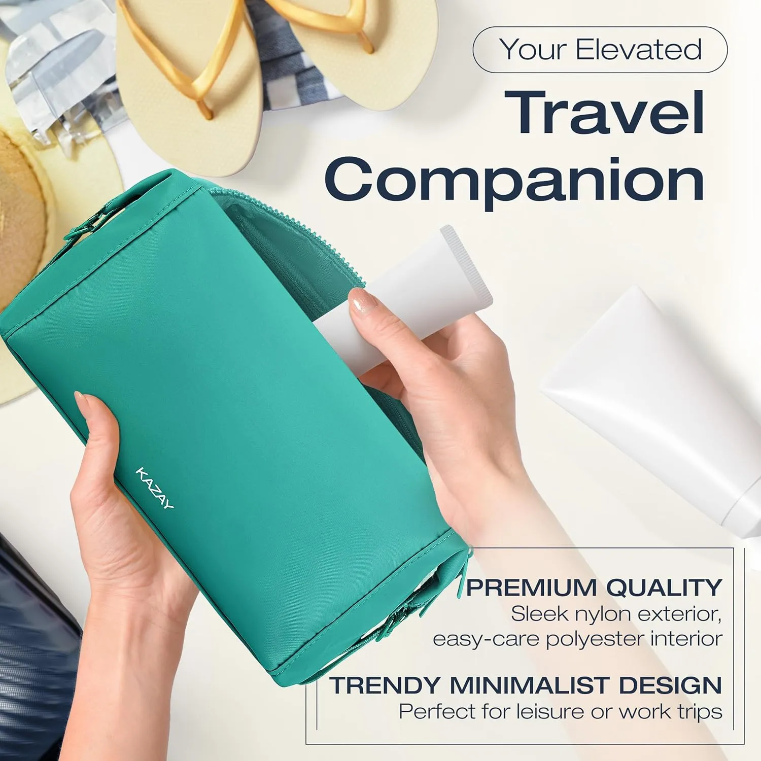 KAZAY Travel Toiletry Bag, Large Capacity with Side Clips for Adjustable Sizing, Premium High-Density Nylon, Water Resistant, Cosmetic Bag, Makeup Bag, Stylish, Full-Size Bottles, Unisex (Aqua)