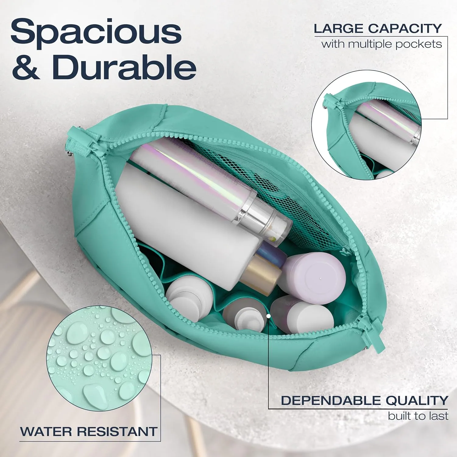 KAZAY Travel Toiletry Bag, Large Capacity with Side Clips for Adjustable Sizing, Premium High-Density Nylon, Water Resistant, Cosmetic Bag, Makeup Bag, Stylish, Full-Size Bottles, Unisex (Aqua)