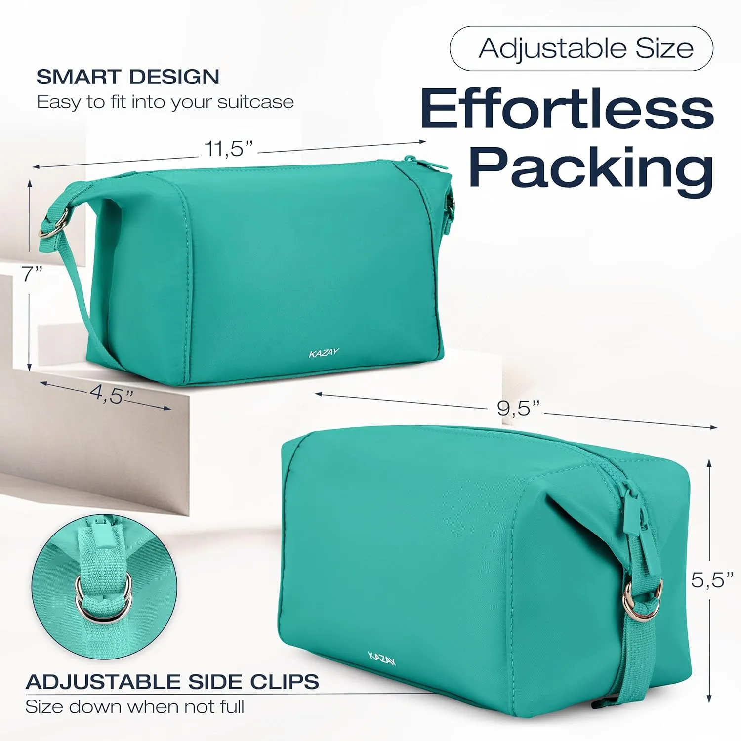 KAZAY Travel Toiletry Bag, Large Capacity with Side Clips for Adjustable Sizing, Premium High-Density Nylon, Water Resistant, Cosmetic Bag, Makeup Bag, Stylish, Full-Size Bottles, Unisex (Aqua)