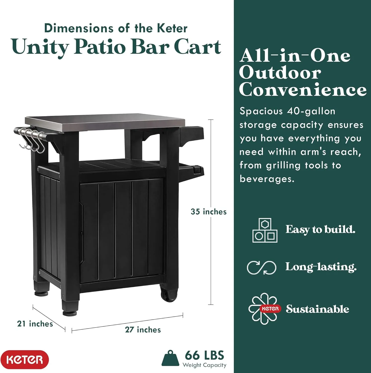 Keter Outdoor Grill Prep Table & Serving Cart, Stainless Steel Top, Unity, 40 Gal, Brown - Portable Bar Table and Cooking Accessory for Pool, Patio, Lawn, and Backyard