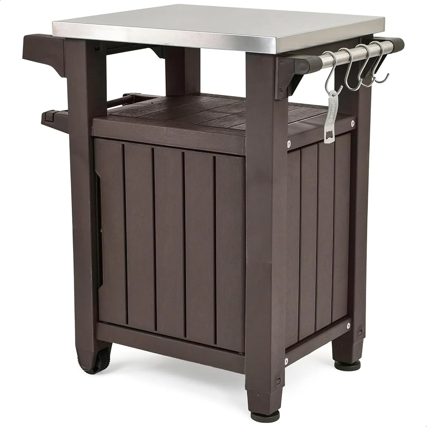 Keter Outdoor Grill Prep Table & Serving Cart, Stainless Steel Top, Unity, 40 Gal, Brown - Portable Bar Table and Cooking Accessory for Pool, Patio, Lawn, and Backyard