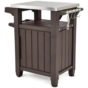 Keter Outdoor Grill Prep Table & Serving Cart, Stainless Steel Top, Unity, 40 Gal, Brown - Portable Bar Table and Cooking Accessory for Pool, Patio, Lawn, and Backyard