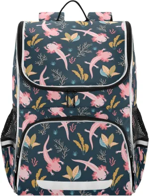 Kids Backpack for Boys Girls with Reflective Stripes 16 inch Axolotl Backpack for School Dark Plain School Bag Elementary Student Bookbag Daypack for Travel Hiking