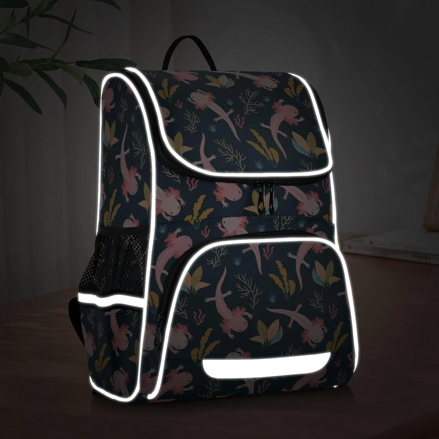 Kids Backpack for Boys Girls with Reflective Stripes 16 inch Axolotl Backpack for School Dark Plain School Bag Elementary Student Bookbag Daypack for Travel Hiking