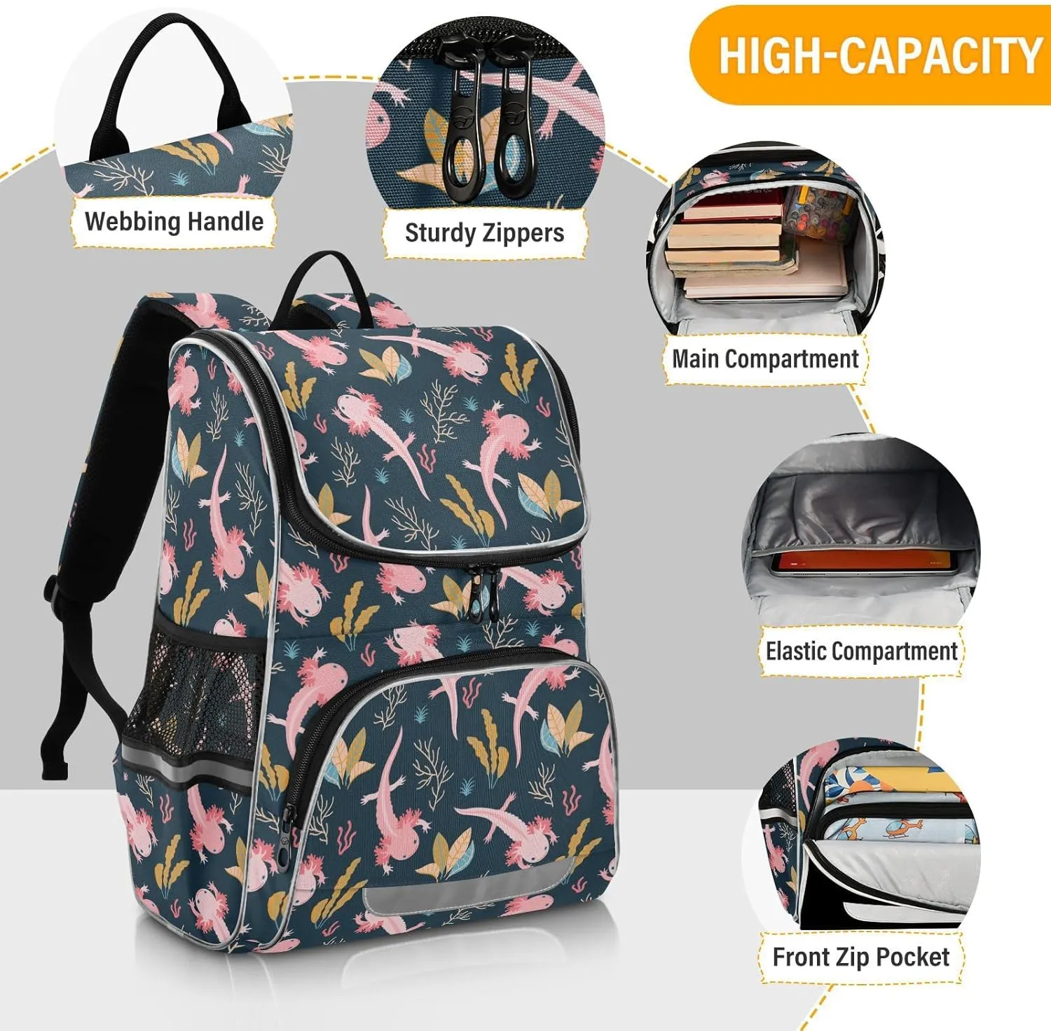 Kids Backpack for Boys Girls with Reflective Stripes 16 inch Axolotl Backpack for School Dark Plain School Bag Elementary Student Bookbag Daypack for Travel Hiking