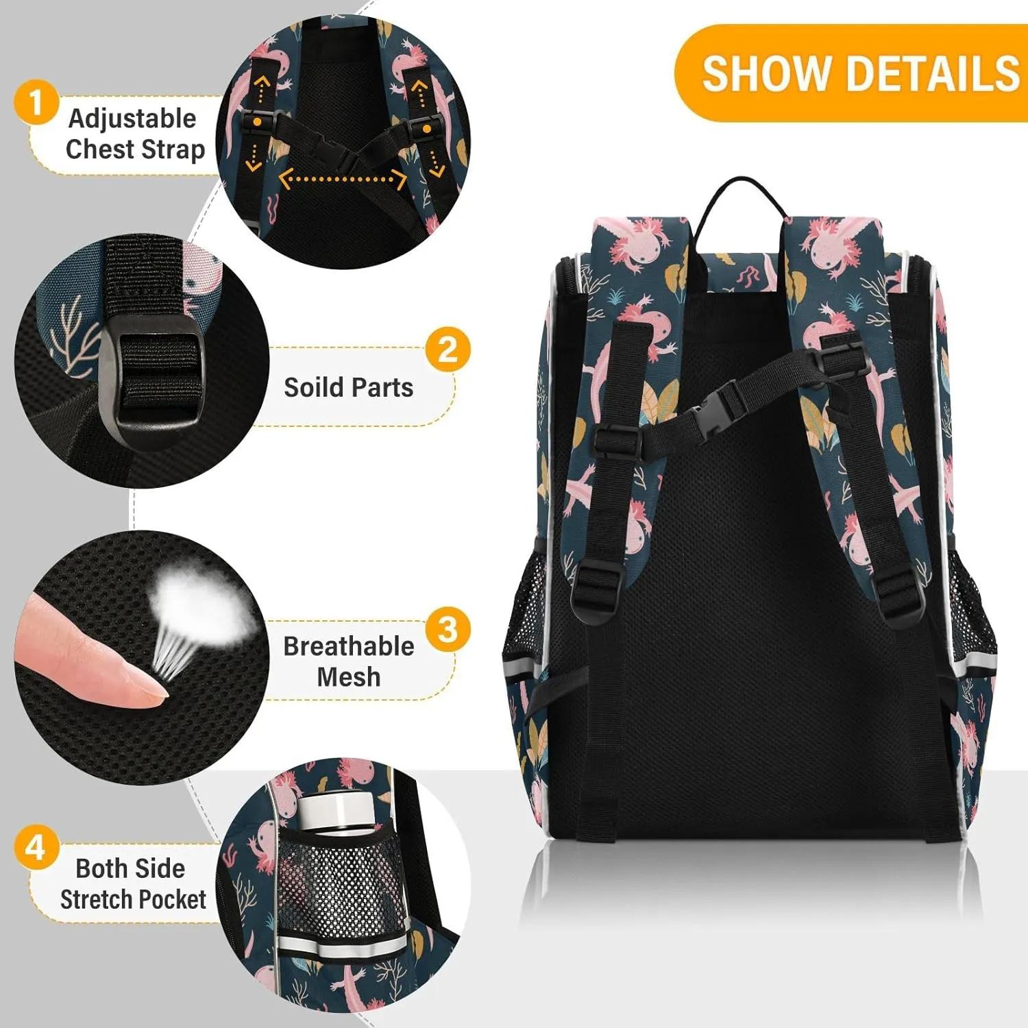 Kids Backpack for Boys Girls with Reflective Stripes 16 inch Axolotl Backpack for School Dark Plain School Bag Elementary Student Bookbag Daypack for Travel Hiking