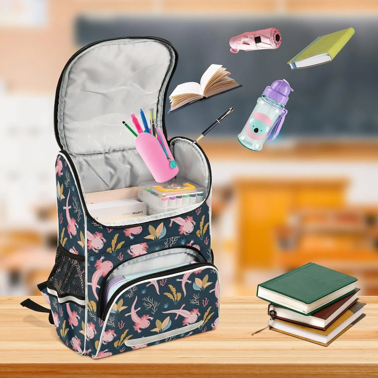 Kids Backpack for Boys Girls with Reflective Stripes 16 inch Axolotl Backpack for School Dark Plain School Bag Elementary Student Bookbag Daypack for Travel Hiking