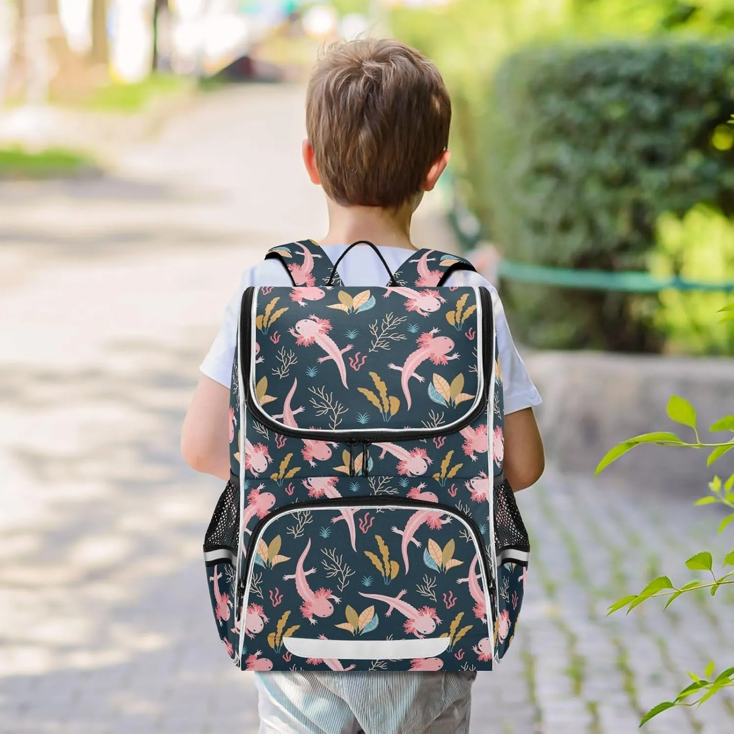 Kids Backpack for Boys Girls with Reflective Stripes 16 inch Axolotl Backpack for School Dark Plain School Bag Elementary Student Bookbag Daypack for Travel Hiking