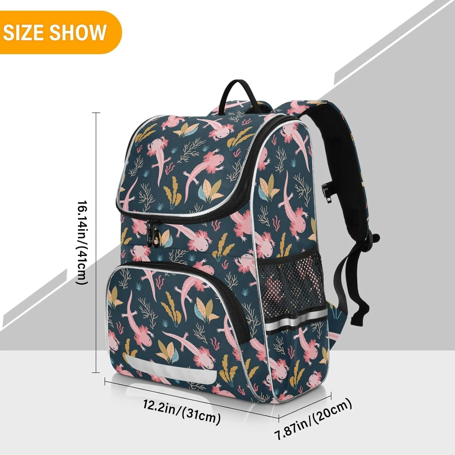Kids Backpack for Boys Girls with Reflective Stripes 16 inch Axolotl Backpack for School Dark Plain School Bag Elementary Student Bookbag Daypack for Travel Hiking