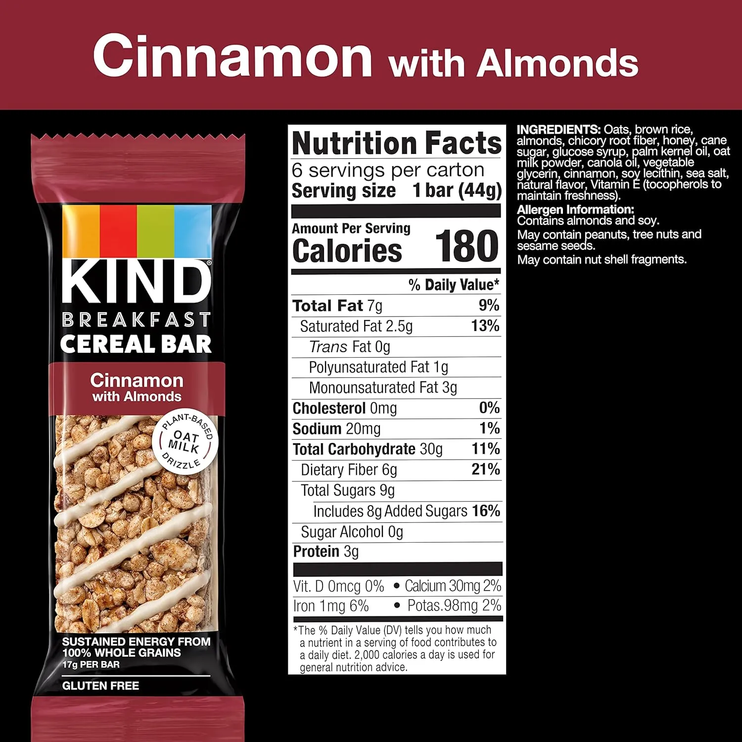 KIND Breakfast Cereal Bars, Gluten Free Snacks, Cinnamon with Almonds, 9.3oz Box (36 Bars)