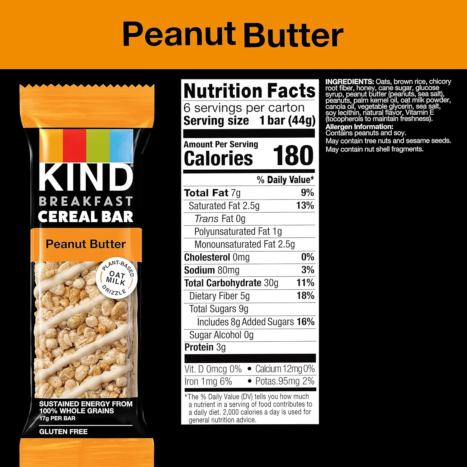 KIND Breakfast Cereal Bars, Gluten Free Snacks, Peanut Butter, 9.3oz Box (36 Bars)
