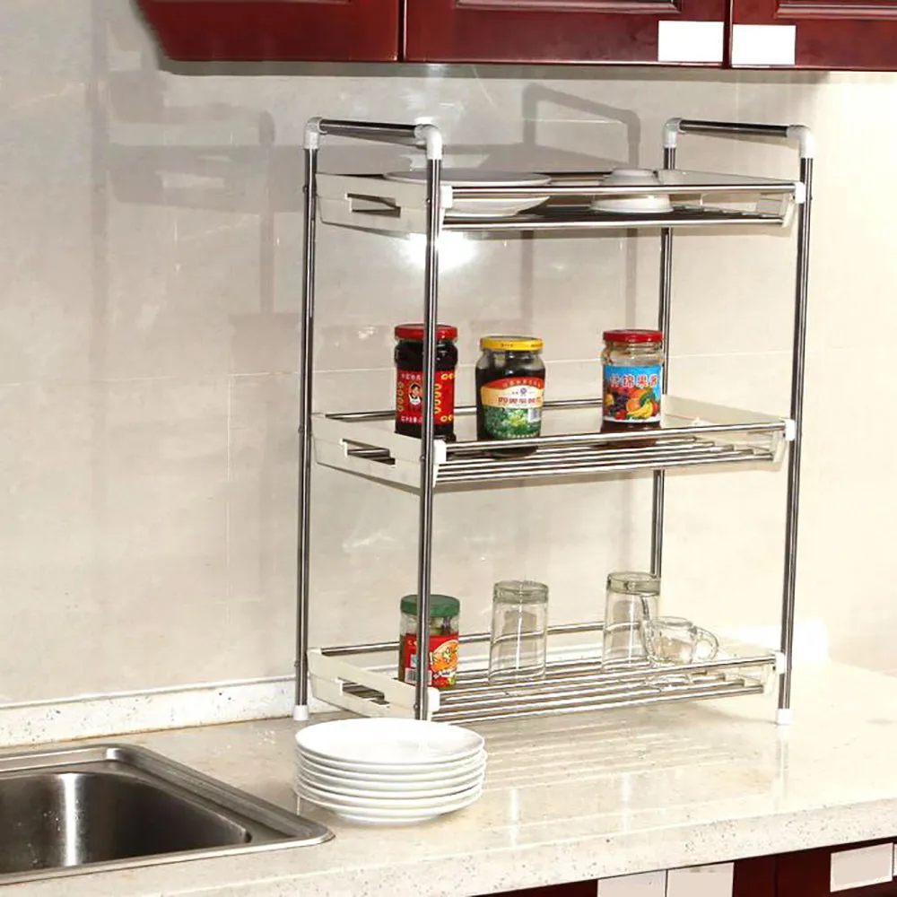 Kitchen Storage Rack Spice Bathroom 3 Tier Organiser Stainless Steel Shelf Jar