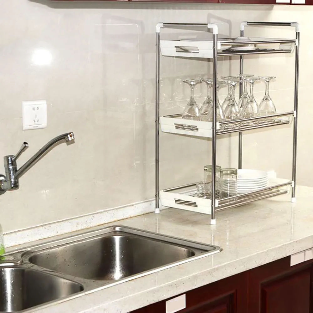 Kitchen Storage Rack Spice Bathroom 3 Tier Organiser Stainless Steel Shelf Jar