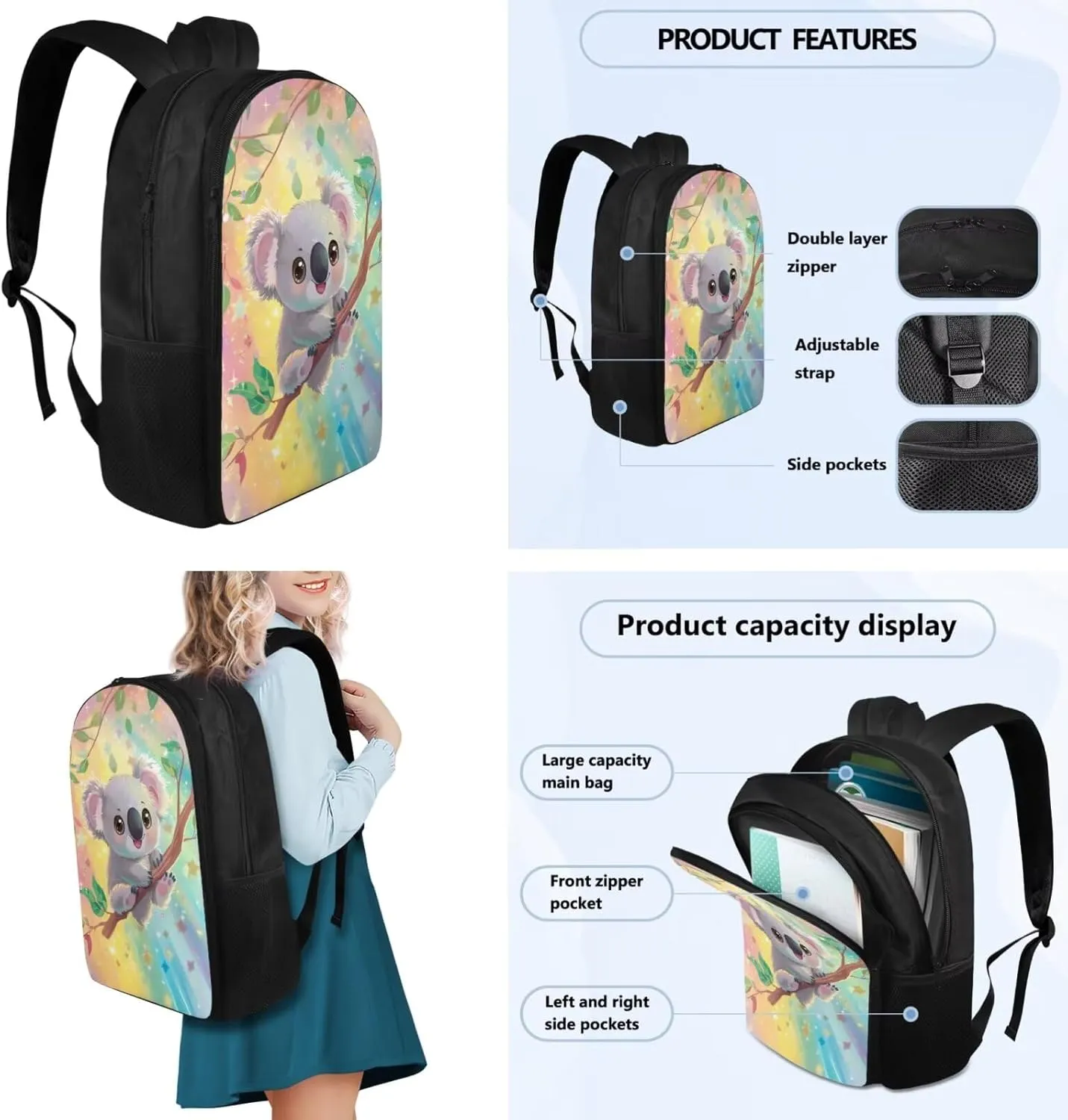 Koala Preschool Girl Backpack and Lunch Box Set 17 Inch Girls Backpacks Ages 8-10 Lightweight Personalized Bookmark Resistant Elementary Personalized Bookmark Pencil Case for Boys