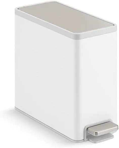 Kohler 20957-STW 2.5 Gallon Slim Step Trash Can, Bathroom Trash Can with Soft-Close Foot Pedal, White with Stainless Steel