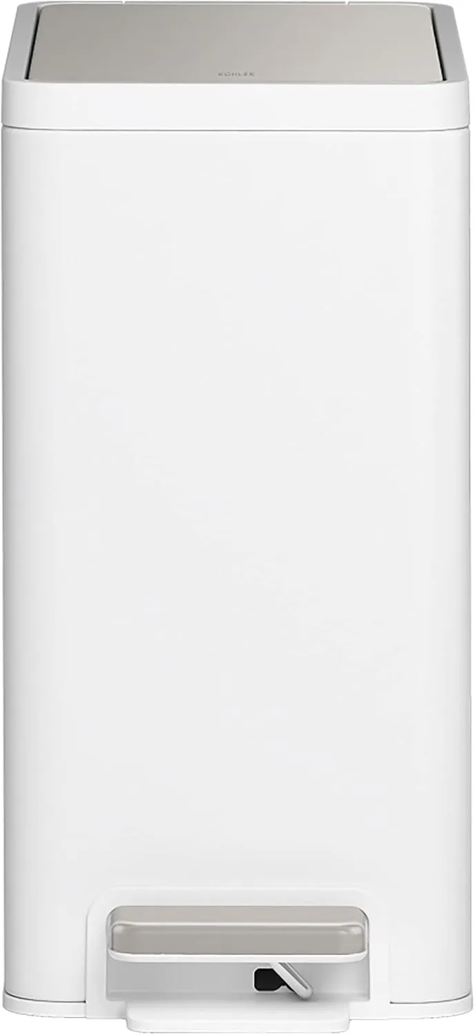 Kohler 20957-STW 2.5 Gallon Slim Step Trash Can, Bathroom Trash Can with Soft-Close Foot Pedal, White with Stainless Steel
