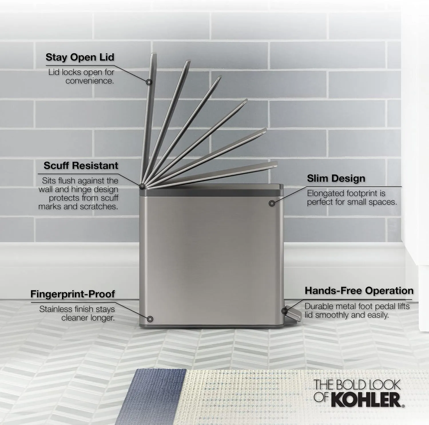 Kohler 20957-STW 2.5 Gallon Slim Step Trash Can, Bathroom Trash Can with Soft-Close Foot Pedal, White with Stainless Steel
