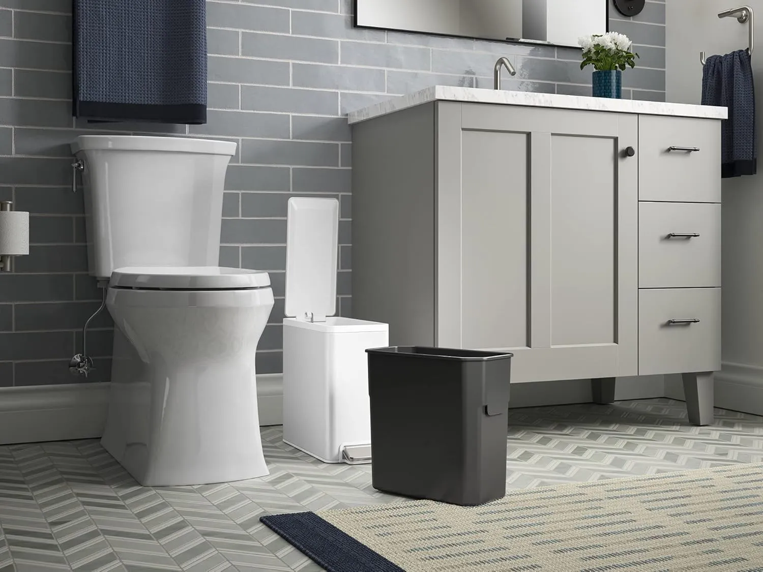 Kohler 20957-STW 2.5 Gallon Slim Step Trash Can, Bathroom Trash Can with Soft-Close Foot Pedal, White with Stainless Steel