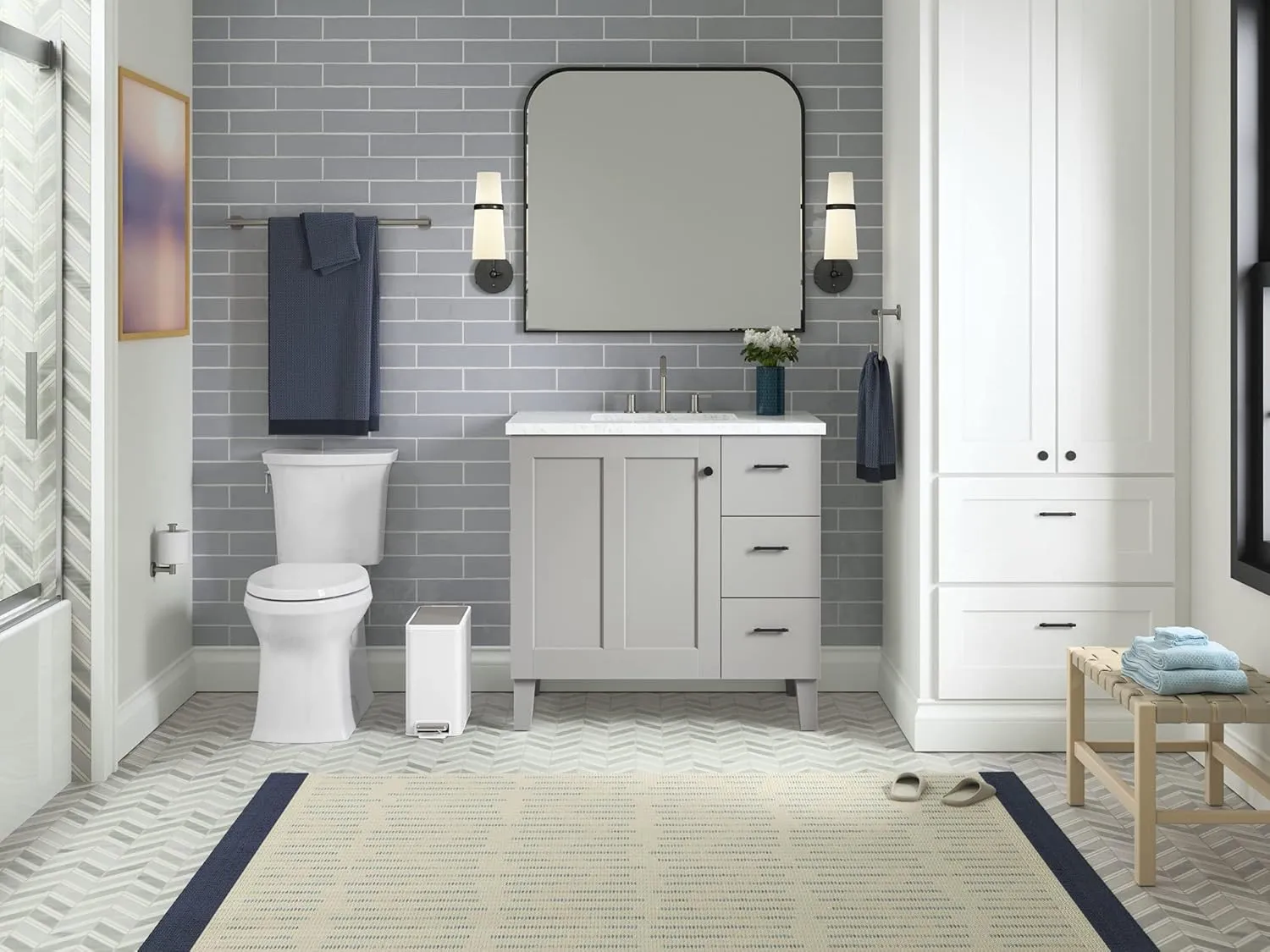 Kohler 20957-STW 2.5 Gallon Slim Step Trash Can, Bathroom Trash Can with Soft-Close Foot Pedal, White with Stainless Steel