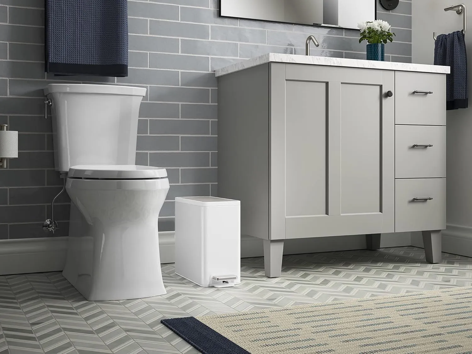 Kohler 20957-STW 2.5 Gallon Slim Step Trash Can, Bathroom Trash Can with Soft-Close Foot Pedal, White with Stainless Steel