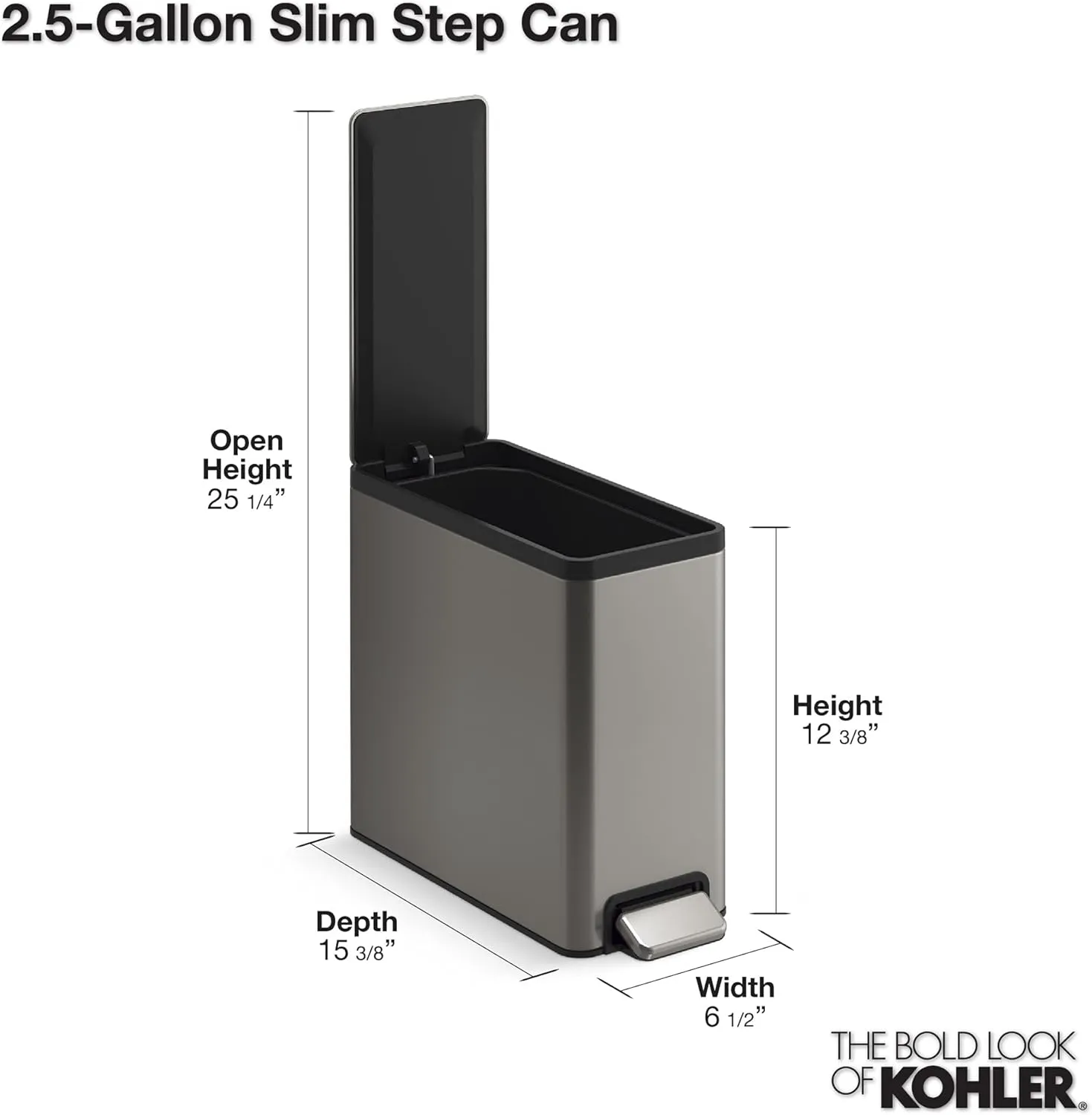 Kohler 20957-STW 2.5 Gallon Slim Step Trash Can, Bathroom Trash Can with Soft-Close Foot Pedal, White with Stainless Steel