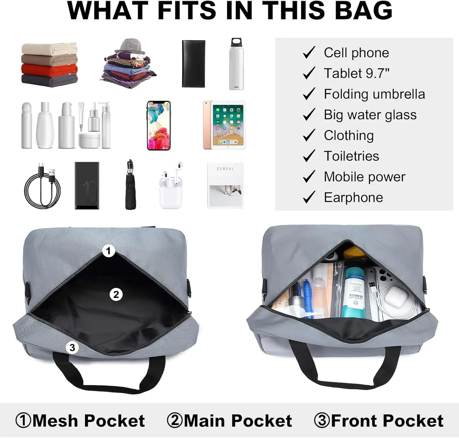 Kono Travel Duffel Bag 14L Under Seat Carry-on Bag Sports Tote Gym Bag Weekender Overnight Bags 13.78"x7.87"x7.87" Light Gray