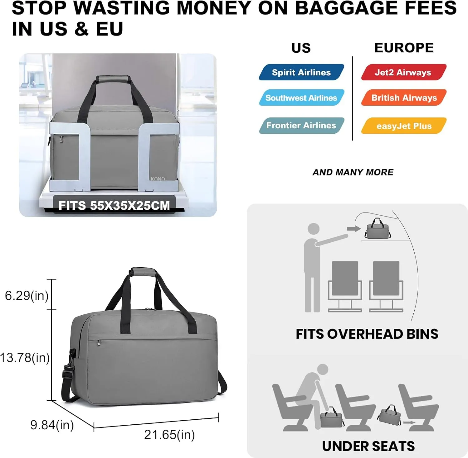 Kono Travel Duffel Bag 48L Large Carry-on Bag Sports Tote Gym Bag Weekender Overnight Bags for Men Women 21.65"x13.78"x9.84" Gray