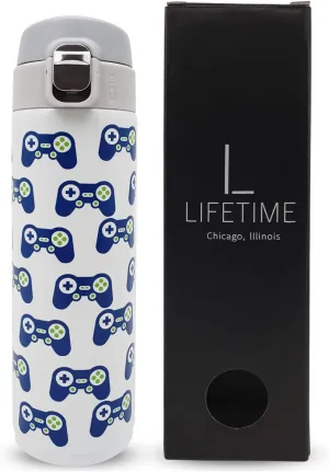 L LIFETIME Kids Water Bottle Stainless Steel, Video Game Design Insulated Water Bottles for Kids - Proof Lock Lid No Straw Dishwasher Safe