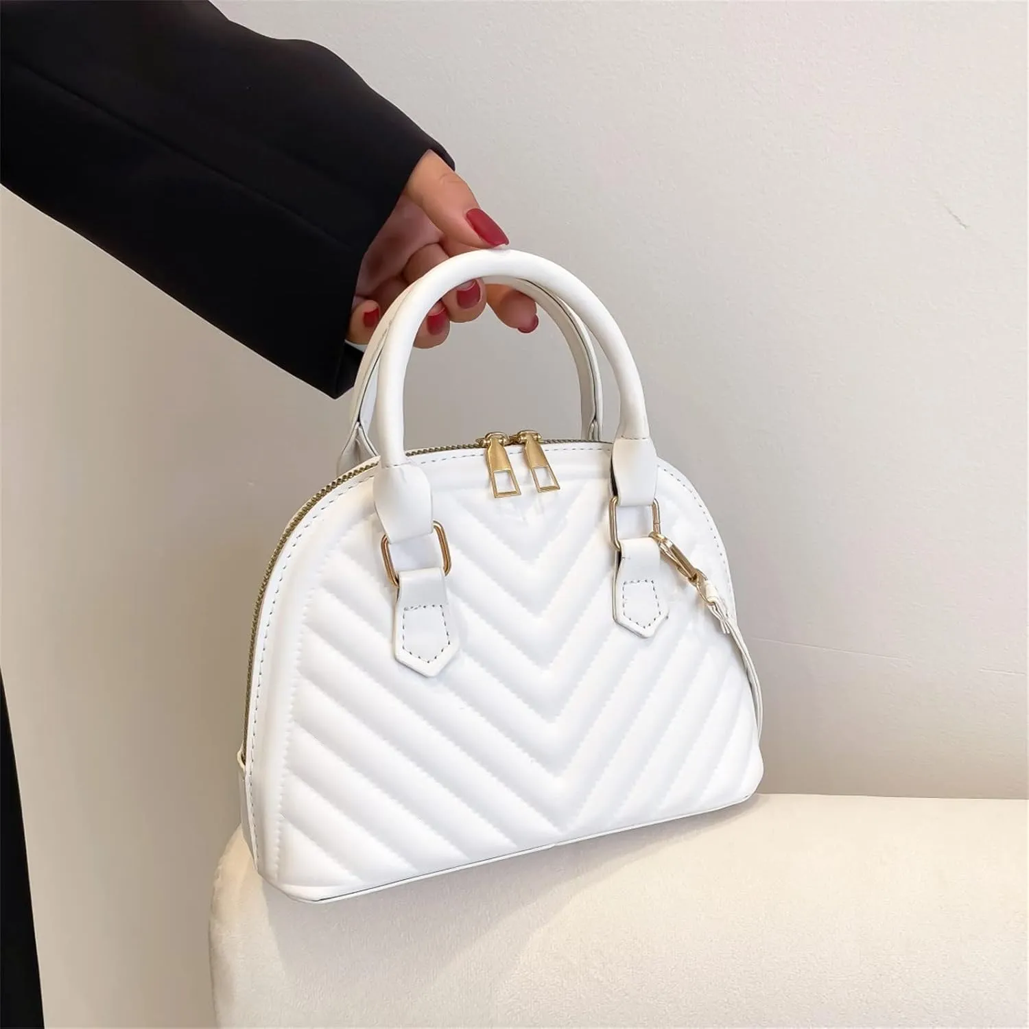 Ladies Fashion Solid Color Leather Versatile Handbag Double Zipper Messenger Bag Canvas Messenger (White, One Size)