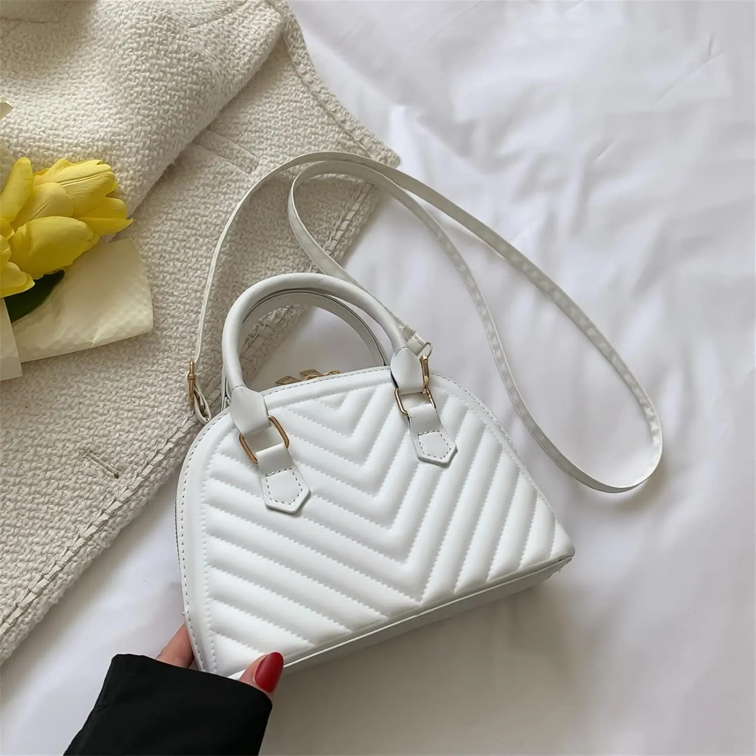 Ladies Fashion Solid Color Leather Versatile Handbag Double Zipper Messenger Bag Canvas Messenger (White, One Size)
