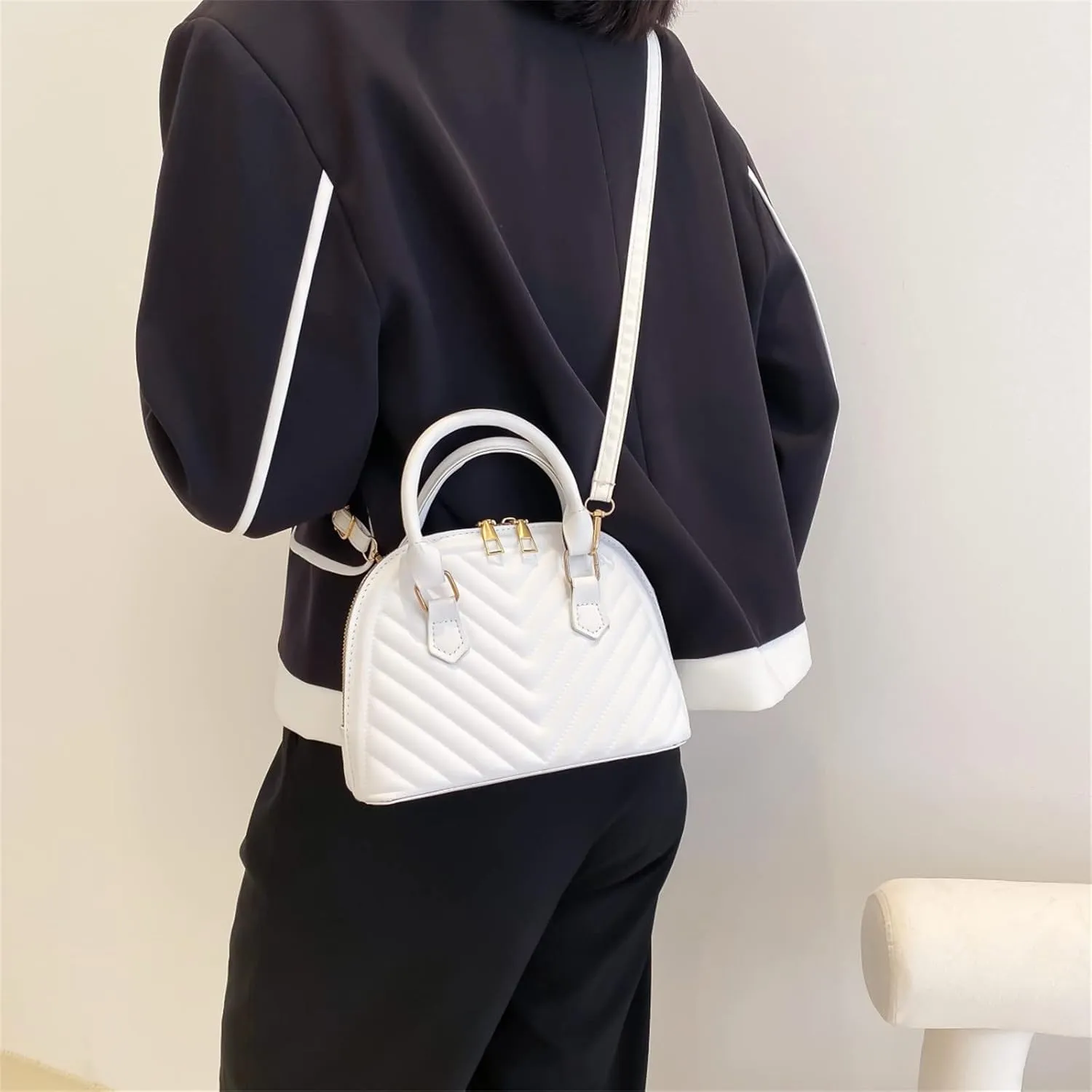 Ladies Fashion Solid Color Leather Versatile Handbag Double Zipper Messenger Bag Canvas Messenger (White, One Size)