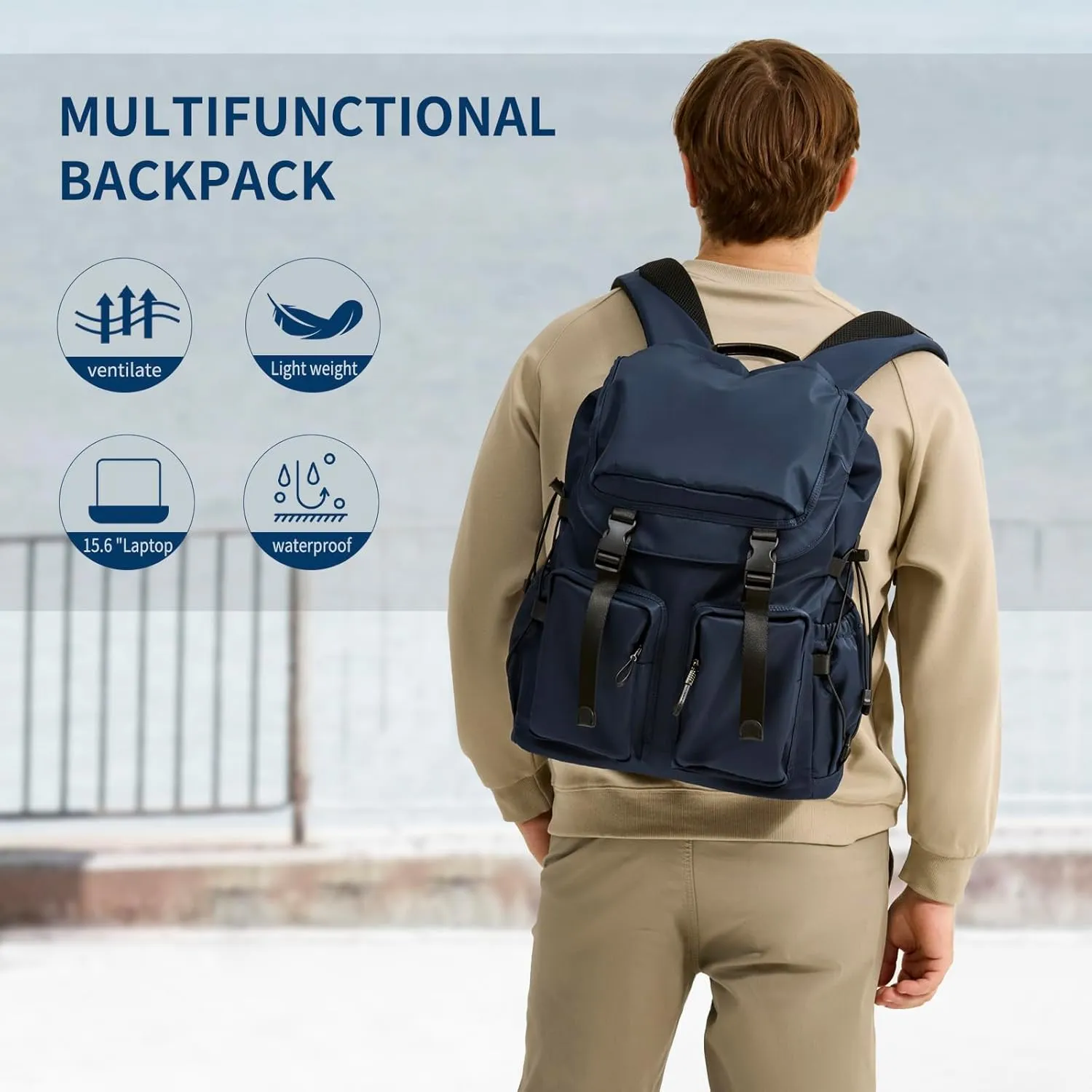 Laptop Backpack for Men & Women, Functional Stylish Vintage Backpack, 30L Waterproof College Work Commuter Travel Backpack Fits 15.6 Inch Tablet, Notebook (Blue)