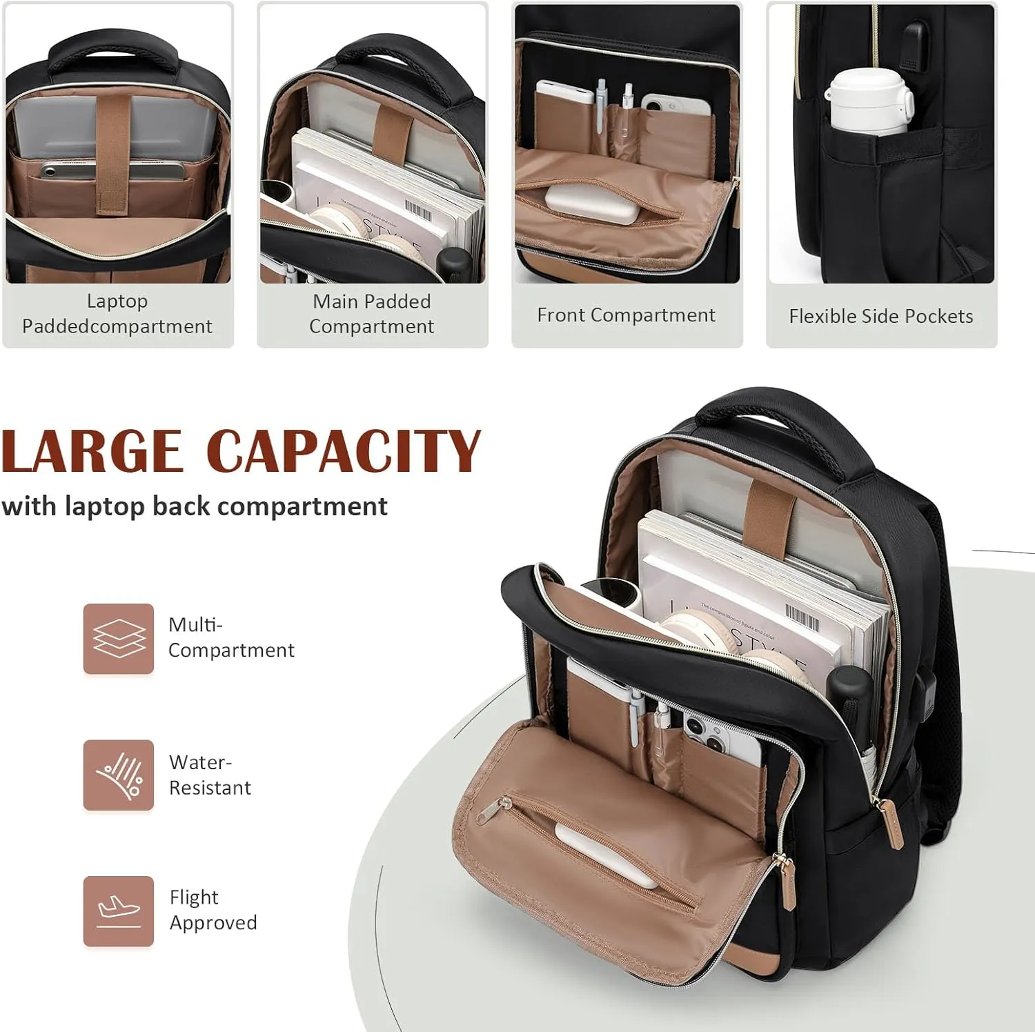 Laptop Backpack for Women,Travel Backpack with Laptop Compartment,Casual Daypack College Bookbag Computer Work Backpack, Black