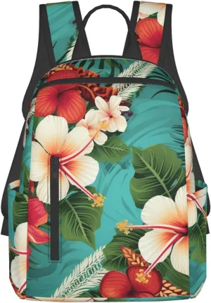 Laptop Backpack Lightweight Hiking Backpack Hawaiian flowers on green background Weekender Bag Travel Daypack for Women Men