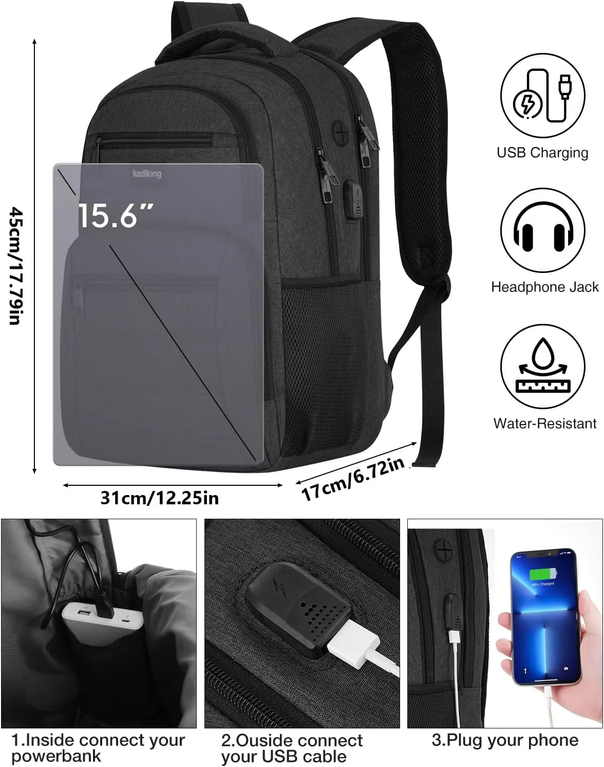 Laptop Backpack Men Book Bag for Women,School Backpacks for Teen Boys with USB Charger,Back Pack Anti Theft with 15.6 Inch Laptop Compartment for Business College High School,Black