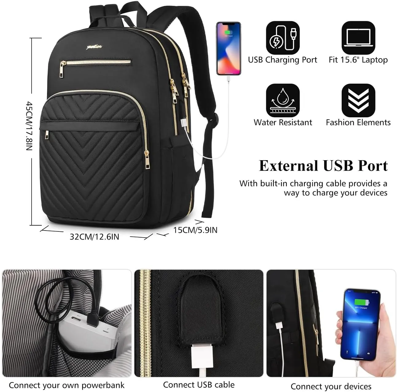 Laptop Backpack Women,School Backpack for Women USB Bookbag for Business Work Office College Students Teacher,Black 15.6 inch