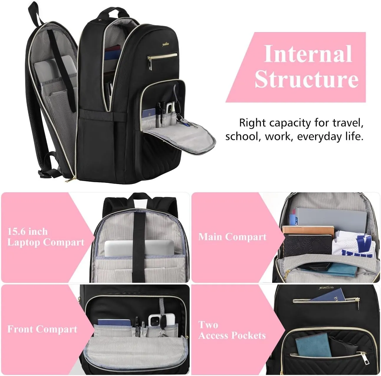 Laptop Backpack Women,School Backpack for Women USB Bookbag for Business Work Office College Students Teacher,Black 15.6 inch